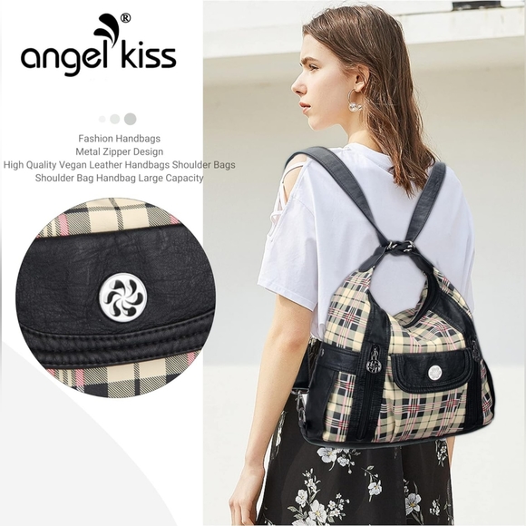 NWT! Black and Apricot Designer Angel Kiss Vegan Leather Plaid Shoulder Hobo Bag - Picture 3 of 7
